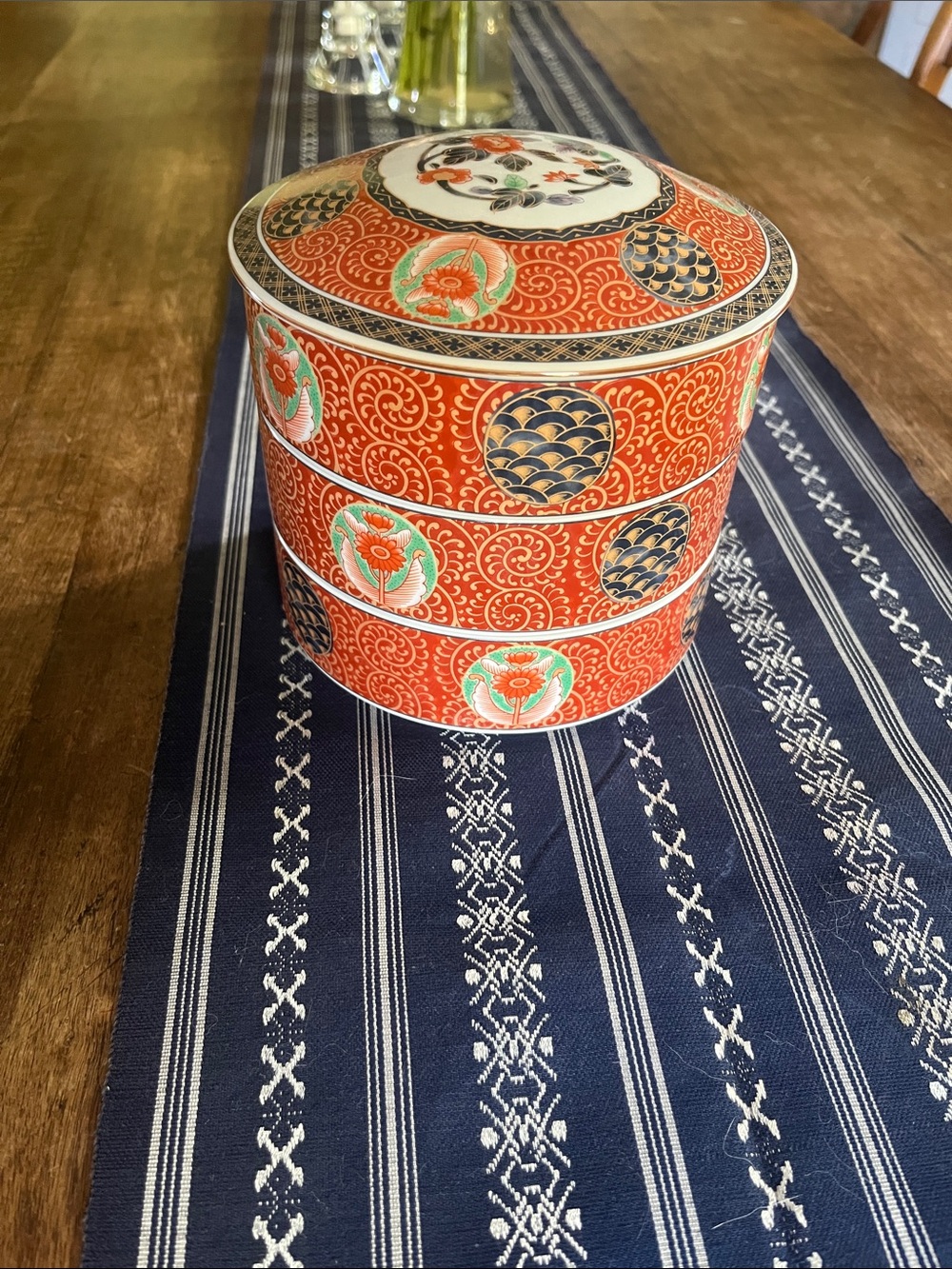 Decorative Red-Orange Stacked Bento-Style Ceramic Container